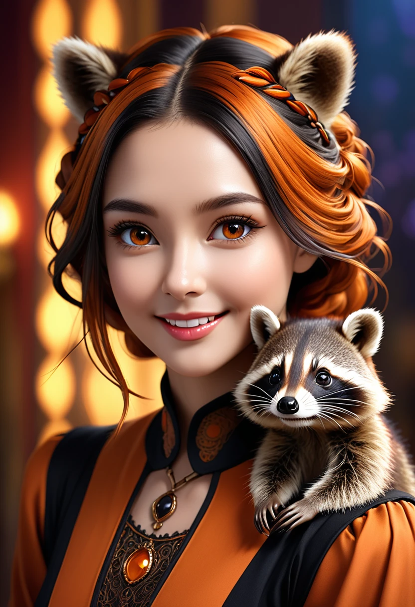 Create an realistic CGI photo of a anthropomorphic raccoon women. Long orange and black striped hair. The photo should be of the highest quality, a masterpiece with intricate details. The raccoon women should have a female, humanoid, appearance, with a vaugly human face. She should have luscious lips, a wide smile, and bright, expressive eyes, exuding beauty, cuteness, and adorableness. Ensure the image is high resolution and sharply detailed, with a detailed and vibrant background. Incorporate mystical lighting in the background, creating a romantic and enchanting atmosphere. regal. noble.
