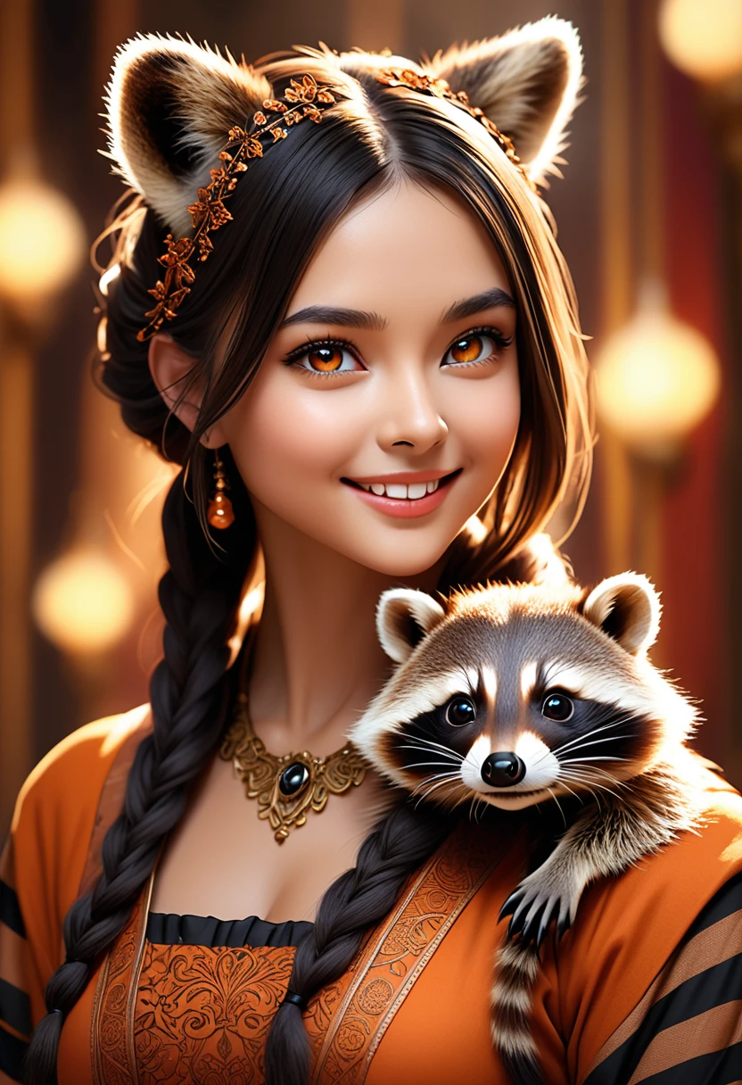 Create an realistic CGI photo of a anthropomorphic raccoon women. Long orange and black striped hair. The photo should be of the highest quality, a masterpiece with intricate details. The raccoon women should have a female, humanoid, appearance, with a vaugly human face. She should have luscious lips, a wide smile, and bright, expressive eyes, exuding beauty, cuteness, and adorableness. Ensure the image is high resolution and sharply detailed, with a detailed and vibrant background. Incorporate mystical lighting in the background, creating a romantic and enchanting atmosphere. regal. noble.