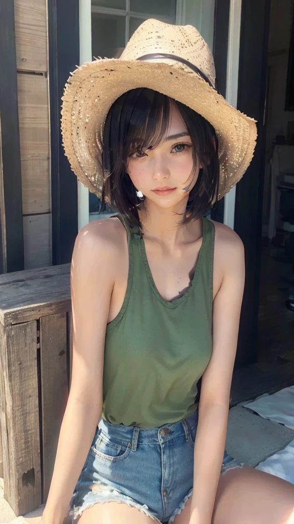 a beautiful young woman with short bob hairstyle, wearing a tank top and shorts, sitting with disheveled hair and wearing round glasses, detailed portrait, highly detailed, realistic, photorealistic, hyper detailed, 8k, ultra-detailed, masterpiece, beautiful detailed eyes, beautiful detailed lips, extremely detailed face and eyes, long eyelashes, cinematic lighting, warm color tones, natural lighting, realistic skin texture