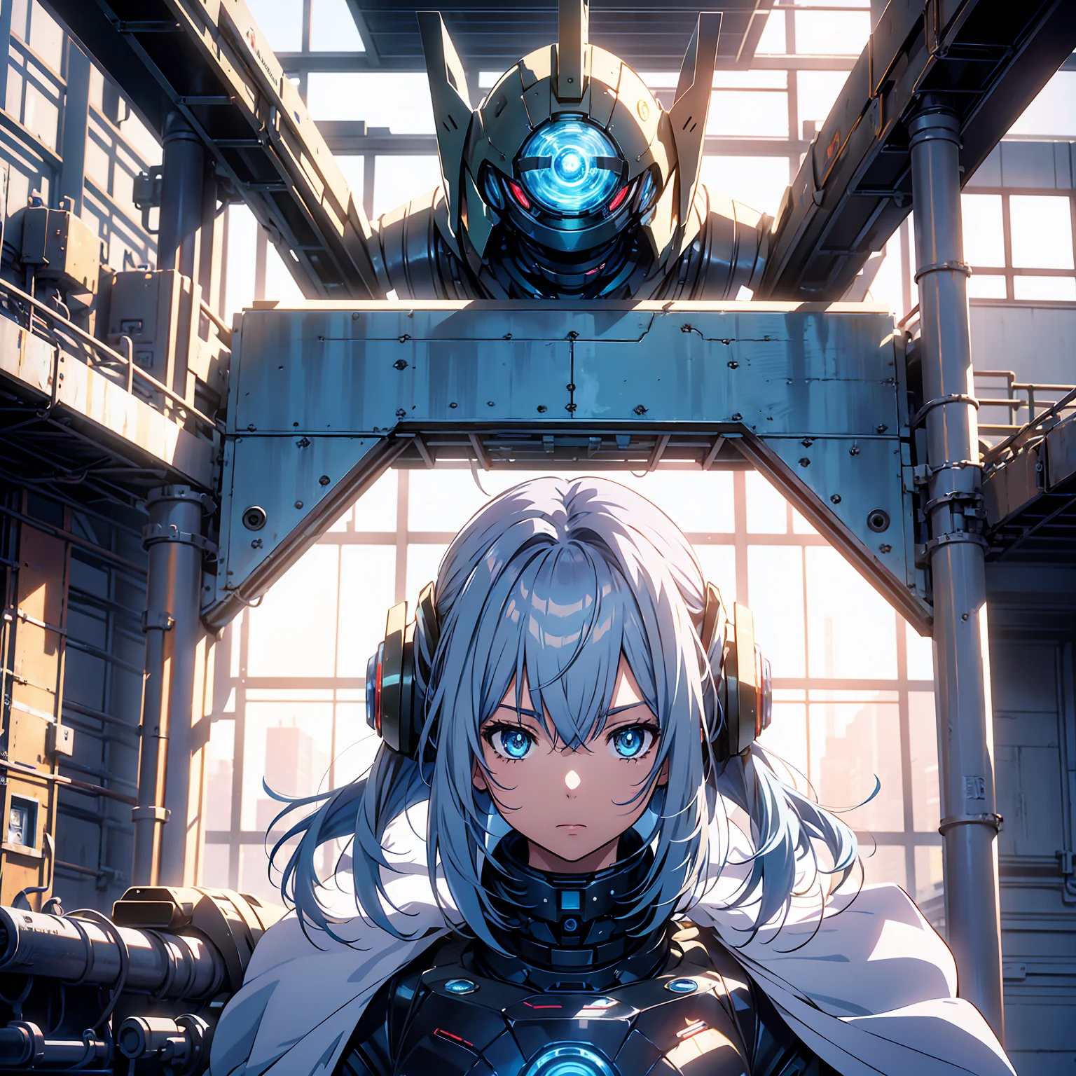 Anime characters, one age anime girl, silvery blue hair, bright blue star-shaped eyes, one Robot, Cape, Luminous Eyes, Rugged, Fantasy, Lights, outdated, old style, dark blue, bronze, Room with window, sitting