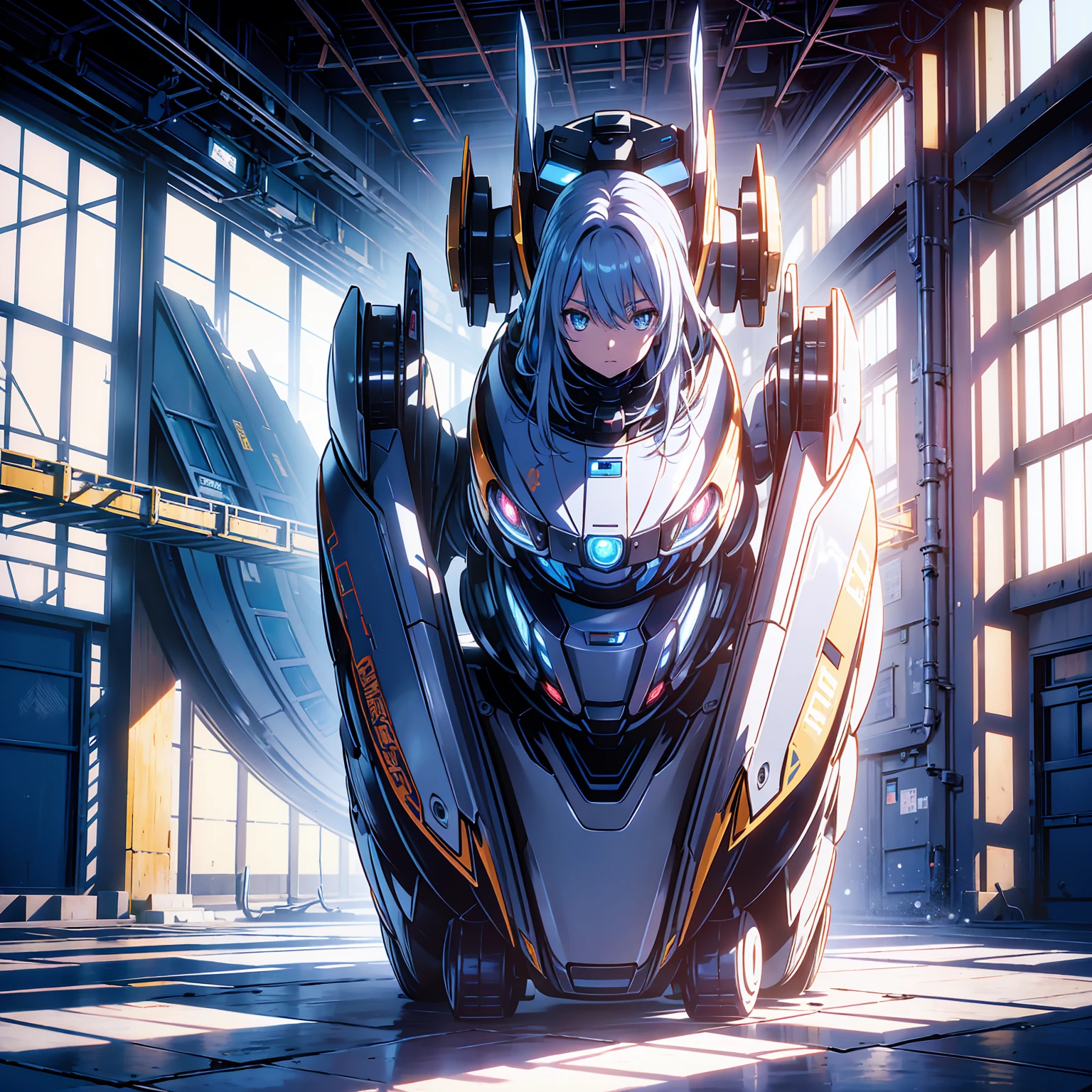 Anime characters, one age anime girl, silvery blue hair, bright blue star-shaped eyes, one Robot, Cape, Luminous Eyes, Rugged, Fantasy, Lights, outdated, old style, dark blue, bronze, Room with window, sitting