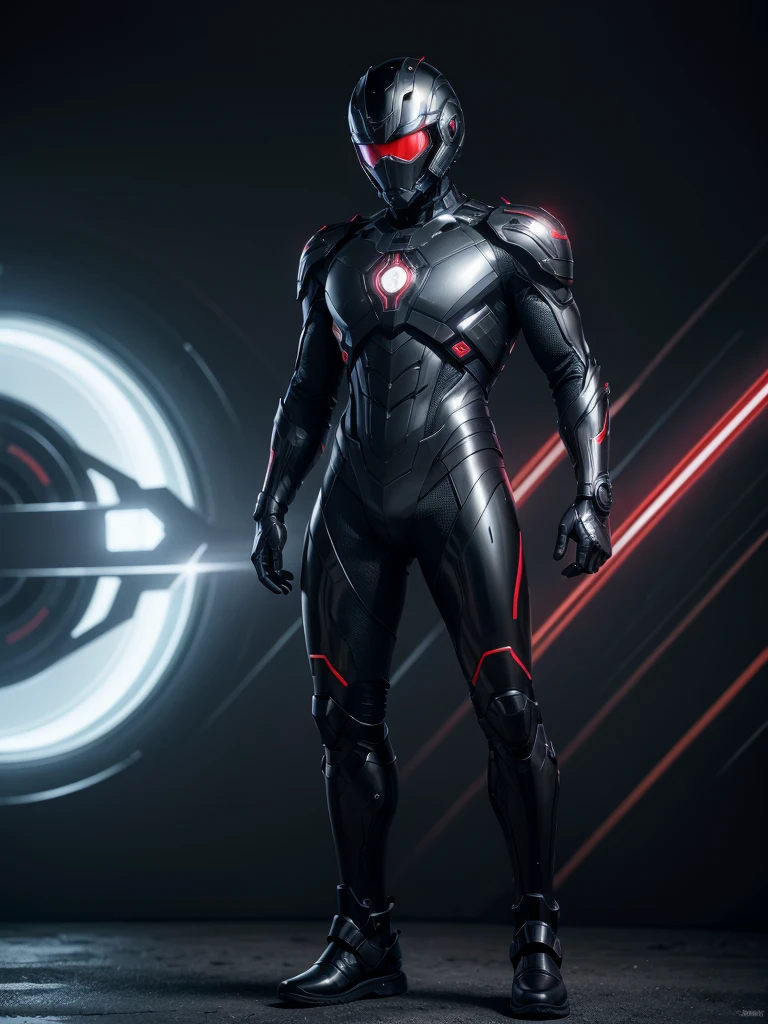 Super advanced technological metallic suit, futurist, ultra detailed 4k, black with dark red lines, diseño futurist, full body man with helmet