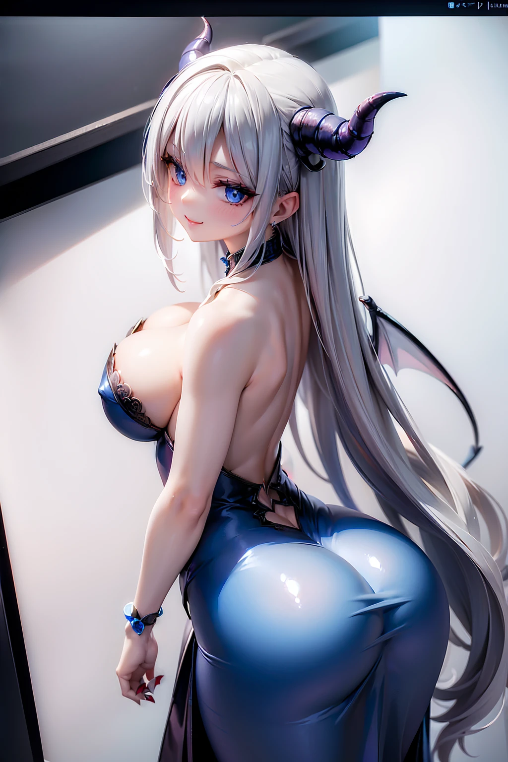 (((1 demoness))), ((detailed blue eyes)), ((long silver hair)), large breasts, curvy hips, perfectly drawn body, seductive smile, white dress, adorned with blue roses, perfect butt, rear view, backside view, best quality, masterpiece, ultra-detailed