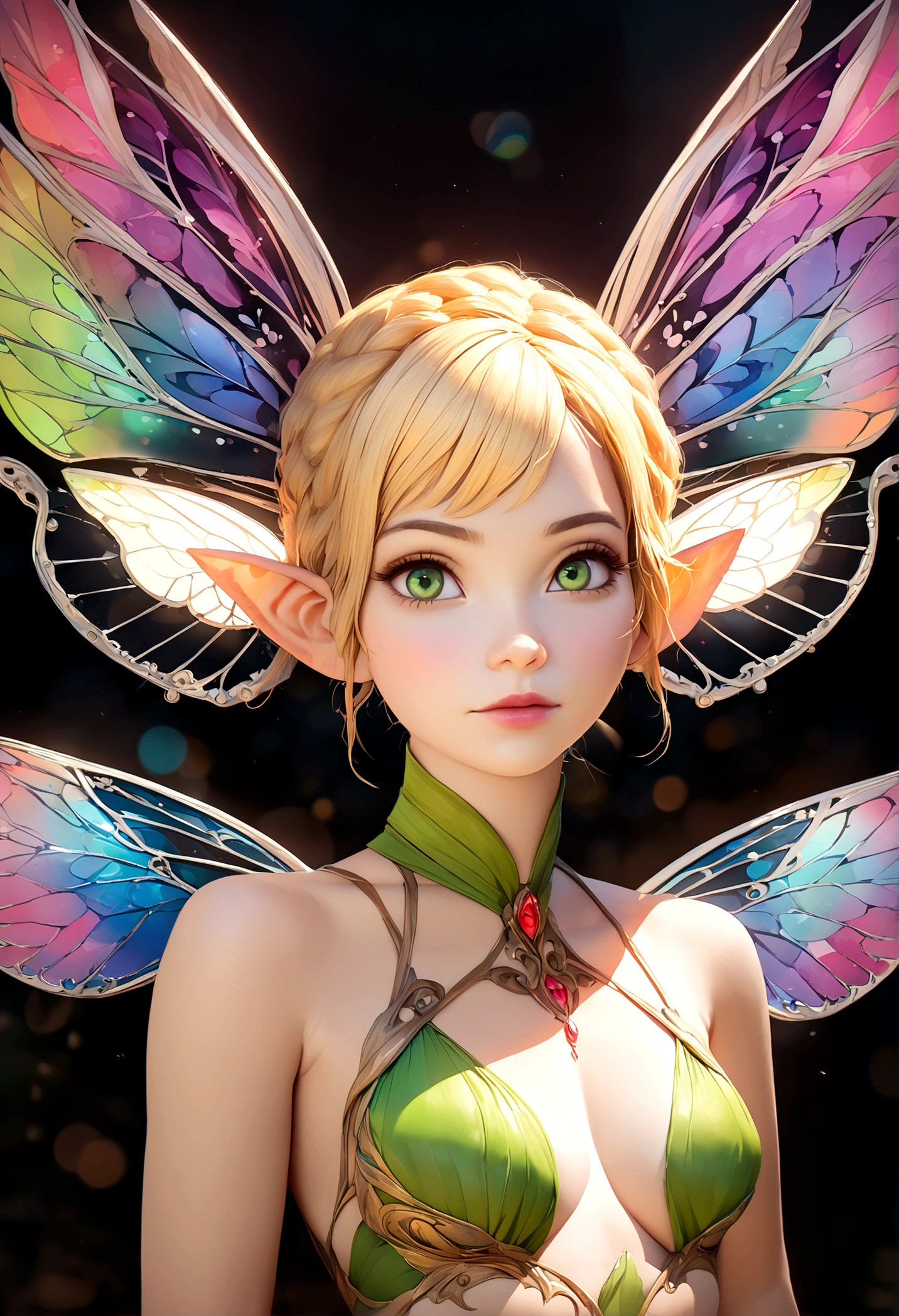 ull body shot of (a stunning fairy) with {blonde} hair and with cute face, beautiful innocent green eyes, delicate transparent colorfull wings, (fairy forest bokeh), perfect composition, hyperrealistic, super detailed, 8k, high quality, trending art, trending on artstation, sharp focus, studio photo, intricate details, highly detailed, by greg rutkowski