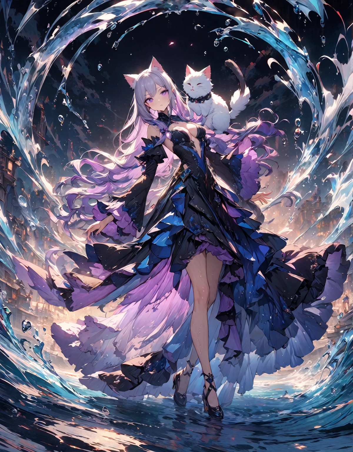 (masterpiece, illustration, best quality:1.5), insanely beautiful black ice SKADI little sister, 2 girls, yinji, purple hair, purple eyes, long hair, cat fluffy ears, white hair, double braids, gradient hair, water blue body painting, global illumination, finely detailed, beautiful defined detailed face, beautiful detailed eyes, beautiful detailed shading, highly Detailed body, finely detailed, (3_water_droplets), tilted halos, full body, body lightly covered with frost, frosty wild hair, water elements, water drops, water ,pointy ears, majestic dress, blue makeup , jowelery, and wet atmosphere, , full body focus, beautifully detailed background, cinematic, K, UHD, by Li Yue, pink and blue gems , transparent sky blue scarf , royal blue dress