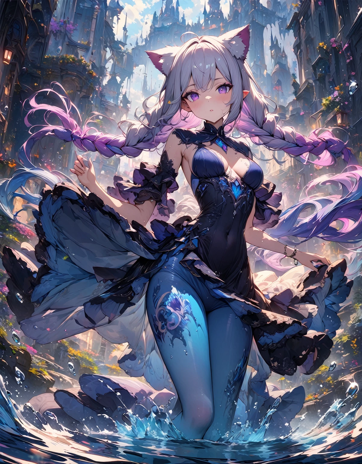 (masterpiece, illustration, best quality:1.5), insanely beautiful black ice SKADI little sister, 2 girls, yinji, purple hair, purple eyes, long hair, cat fluffy ears, white hair, double braids, gradient hair, water blue body painting, global illumination, finely detailed, beautiful defined detailed face, beautiful detailed eyes, beautiful detailed shading, highly Detailed body, finely detailed, (3_water_droplets), tilted halos, full body, body lightly covered with frost, frosty wild hair, water elements, water drops, water ,pointy ears, majestic dress, blue makeup , jowelery, and wet atmosphere, , full body focus, beautifully detailed background, cinematic, K, UHD, by Li Yue, pink and blue gems , transparent sky blue scarf , royal blue dress