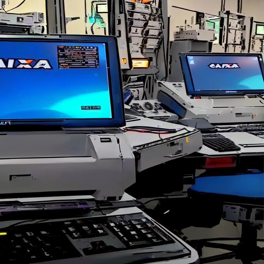 there are many computers on a table, catia, hunting, Gainax, crt screens in background, sitting at a control center, studio Gainax, computer painting, Gainax anime style, a computer rendering, computer screen image, Digital Art Station, center view, studio Gainax art, studio Gainax illustration