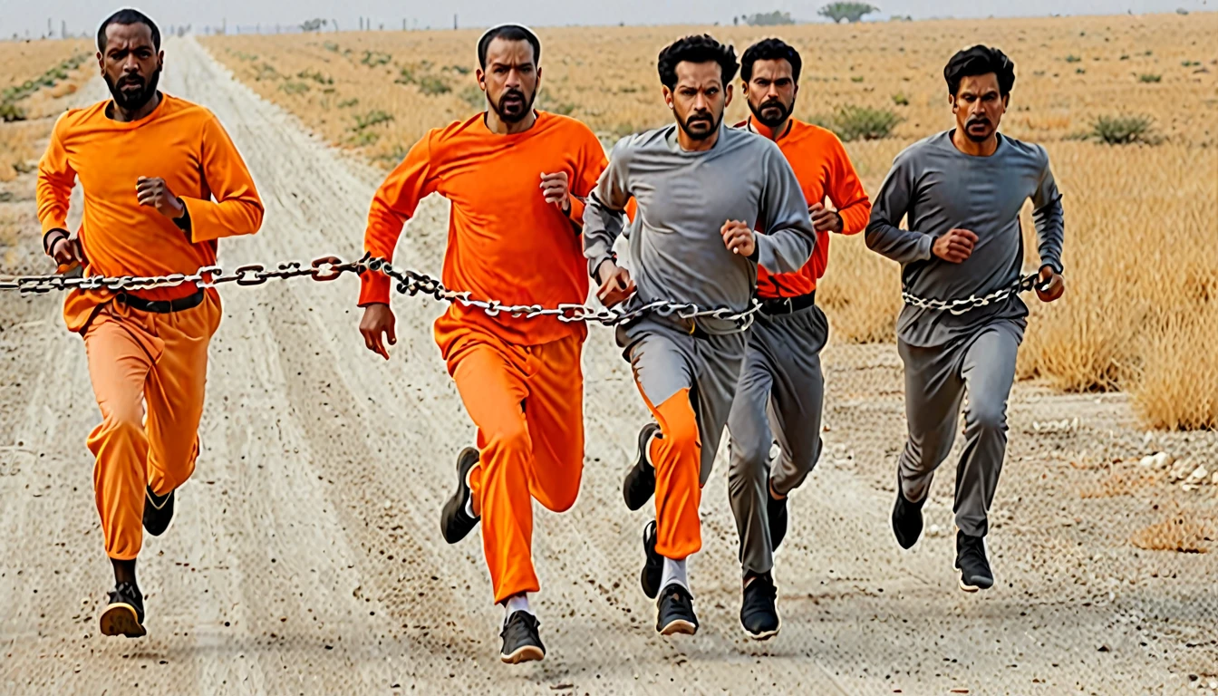 4 men chained at the waist running, 3 men behind in gray clothes, 1 man in front highlighted in opaque orange clothing, detailded