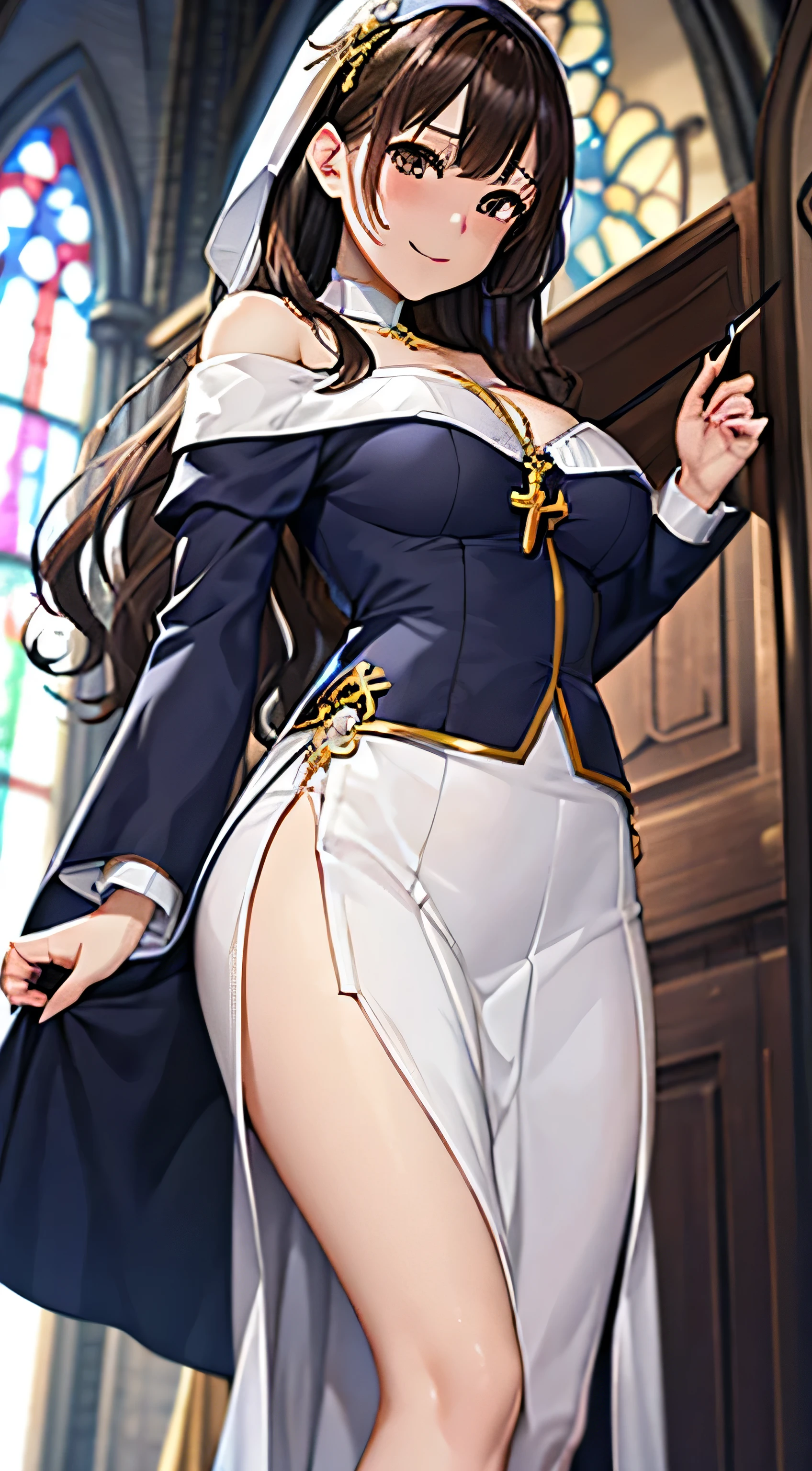 ((Tabletop, Highest quality, High resolution, , Pixel Perfect, 4K,))), 1 female, 、The whole body is visible、 ((Long Wavy Hair, bangs, Brown Hair)), ((Brown eyes, Beautiful eyelashes, Realistic eyes)), ((Detailed face, Blushing:1.2)), ((Smooth texture:0.75, Realistic texture:0.65, Realistic:1.1, Anime CG Style)), Medium sized breasts, Dynamic Angle, Perfect body, (( , , Beautiful Priest、、 Priest off-shoulder jacket、Pleat Long Flare Skirt、、)), Gold Hair Ornament、Cross Necklace、、Very embarrassing panic smile, 、Gorgeous church basilica、、、、Hold a big Bible、、、、Lace panties are visible、Bring your arms together、Stick your butt out、、、 、Angle from below)、