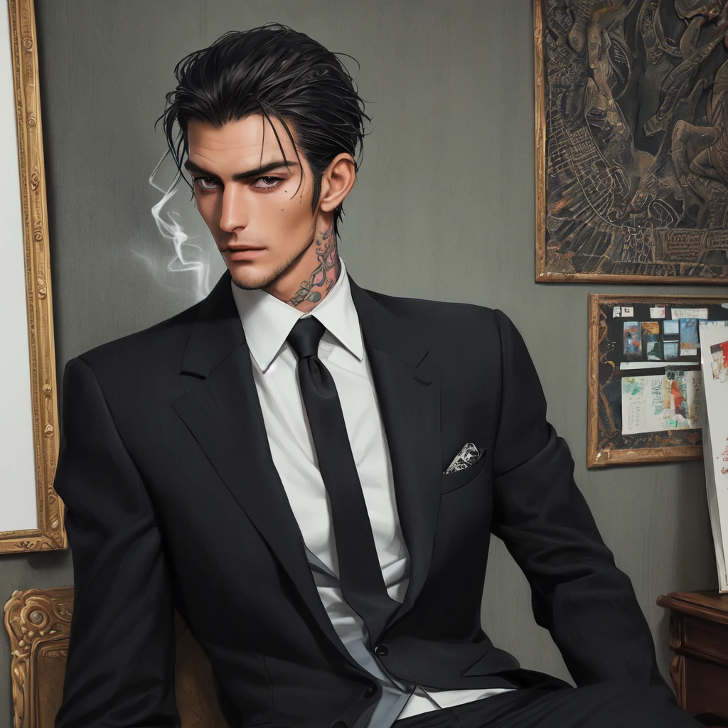 Tall dark and handsome, tattoos, model looking, male, chiseled features, 2D, hand drawn, manga style, rugged, smoking, in office, wearing suit, in his 20s, comic realism, oil painting, color pencil drawn