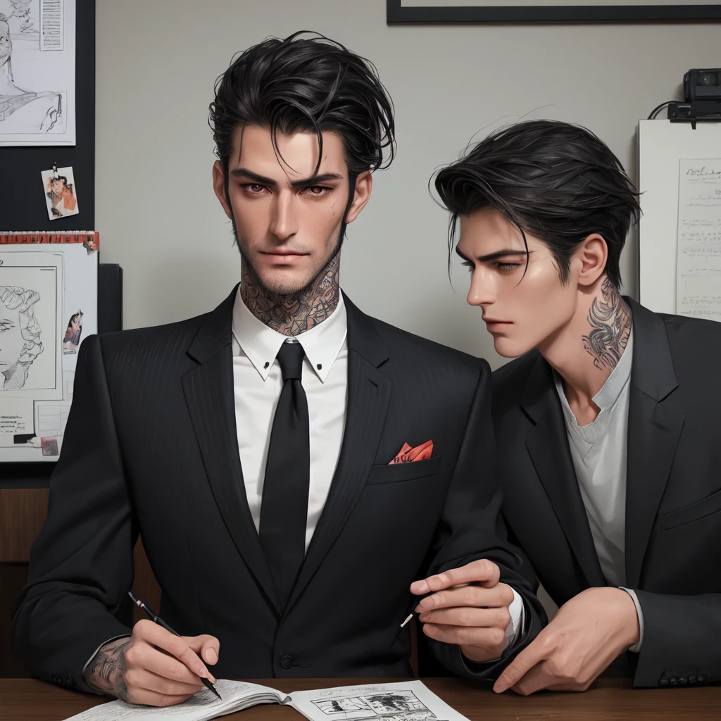 Tall dark and handsome, tattoos, model looking, male, chiseled features, 2D, hand drawn, manga style, rugged, smoking, in office, wearing suit, in his 20s, comic realism, oil painting, color pencil drawn