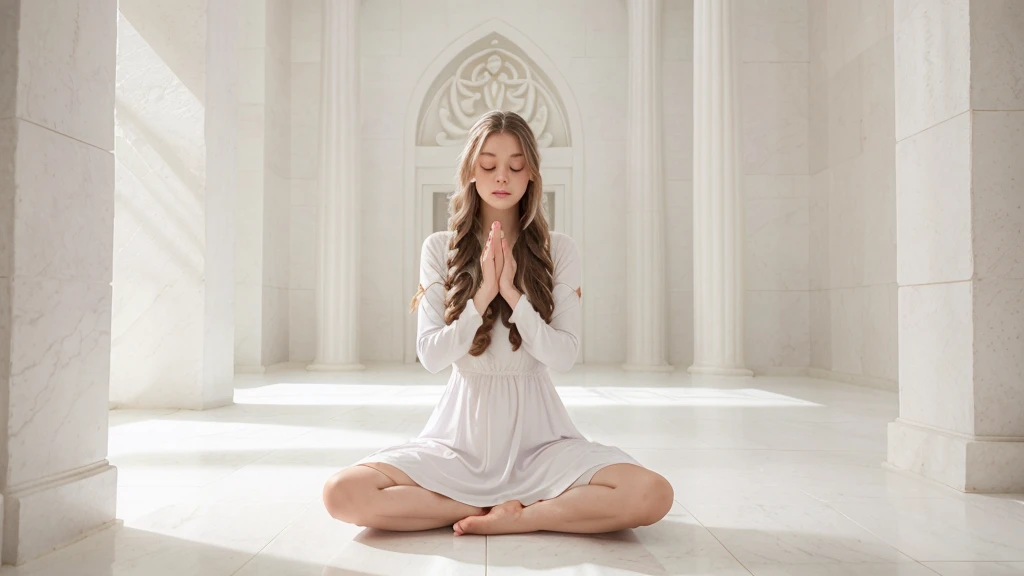 young white woman with long, very curly, with 2 braids in a meditation position with her eyes closed and her hands in a prayer position. She is wearing a light lilac dress. The image should be a full-body shot in a meditation position, very realistic, in an all-white temple with a white floor, white stone walls, white ceiling, and white columns.