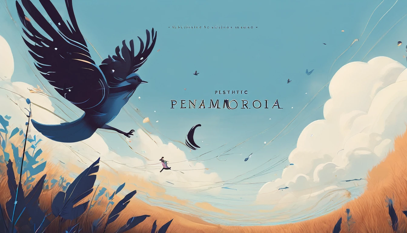 Create a professional, fantastic, cinematic Youtube Banner for a brand about music and stories called " Penamemoria". Masterpiece, 4k, sharp focus, highest quality,wide shot. The title is " Penamemoria". Is a brand about the creative, unique journey of a boy into becoming a musician storyteller. In his journey he finds inspiration in a world of birds and feathers. Minimalistic, simple, poetic, dreamy logotype at the center of the image. The Background image is a world full of fantastic feathers, unique birds, light blue sky, and a boy running happily into the horizon with an acoustic guitar in his right hand. Boy running against the wind, almost simulating like he is flying