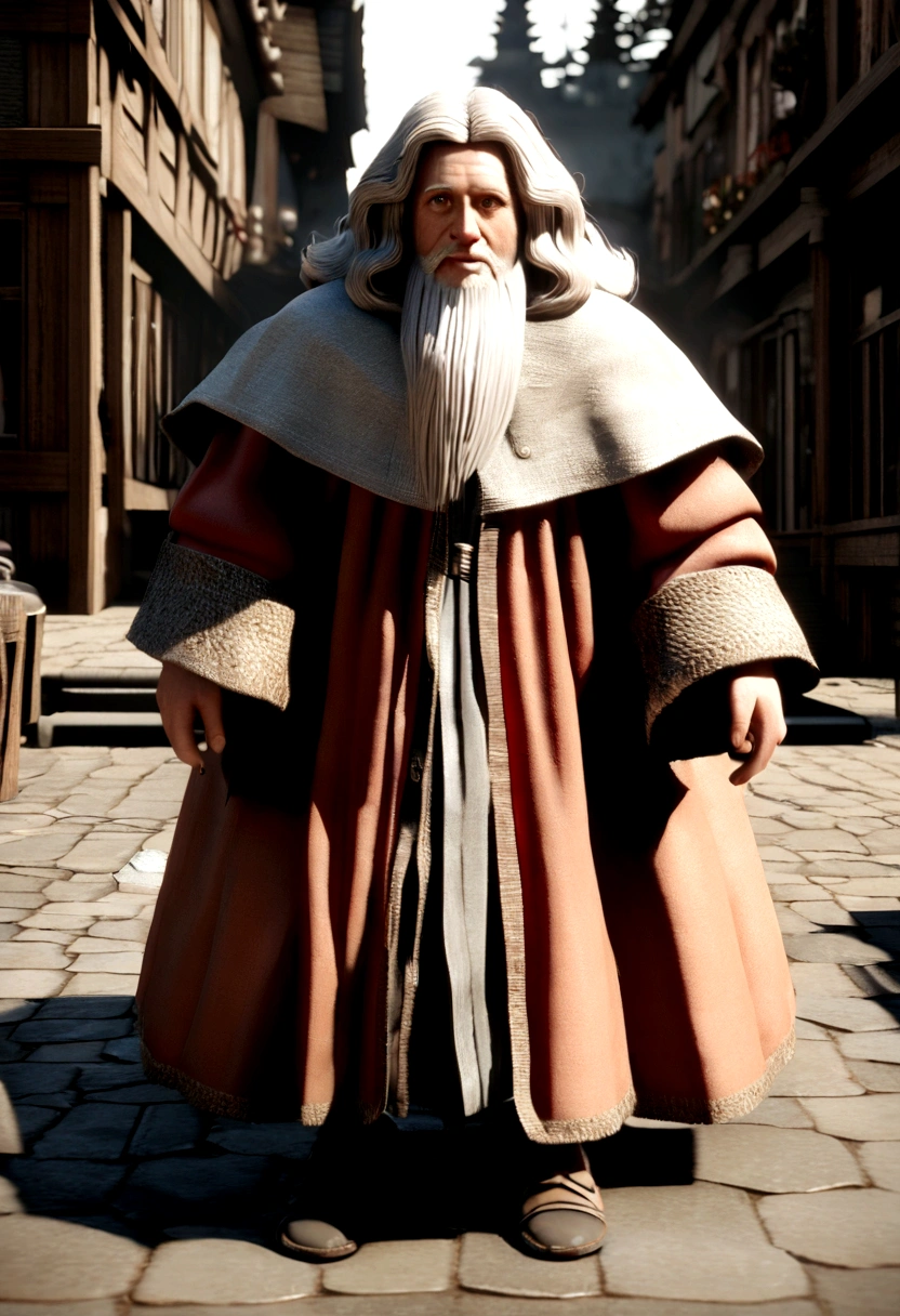 a realistic image of a big haired and barred wizard in his 50s in red and light clothes seen from the front, film scene 3D