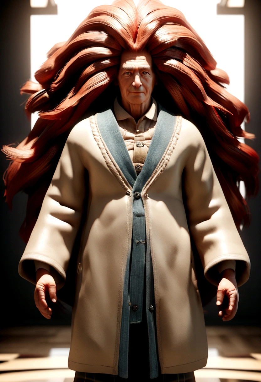 a realistic image of a big haired and barred wizard in his 50s in red and light clothes seen from the front, film scene 3D