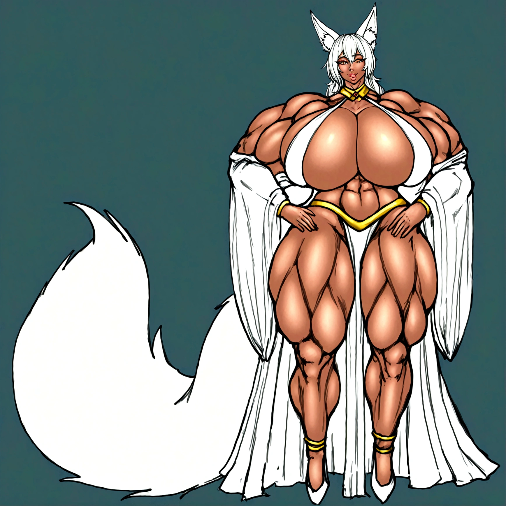 Femboy, long white hair, gigantic muscular body, huge breasts, geisha outfit, fox ears, 9 fox tails, 4 arms, full body.