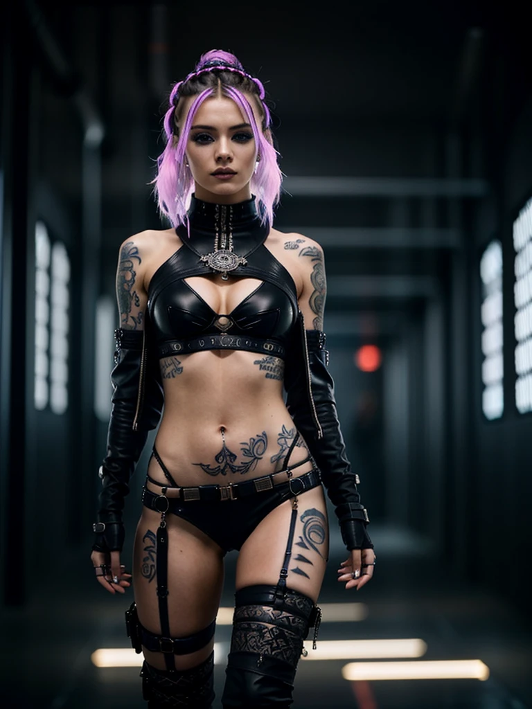 Beautiful photograph, low angle shot, intricate details, full body shot of a Icelandic girl. with cyberpunk hairstyle features clad in a scantly clad cyber outfit, real spell tattoos, facing the camera, dark angelic, in the style of high fashion, absolutely lavish surfaces, vivid colors, a mesmerizing blend of light and shadow, unique natural textures,
