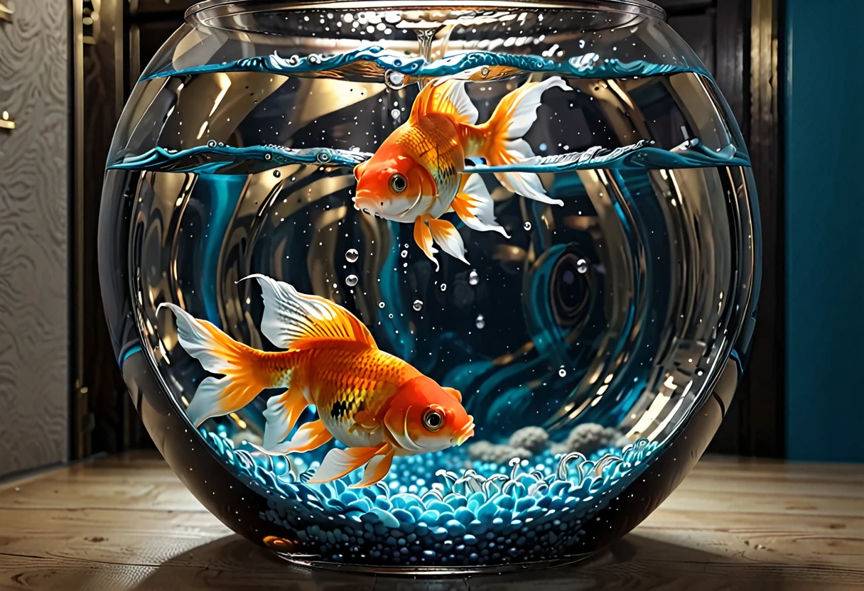 Goldfish swimming in a fishbowl, cool, gorgeous ((masterpiece, best quality, 8K))