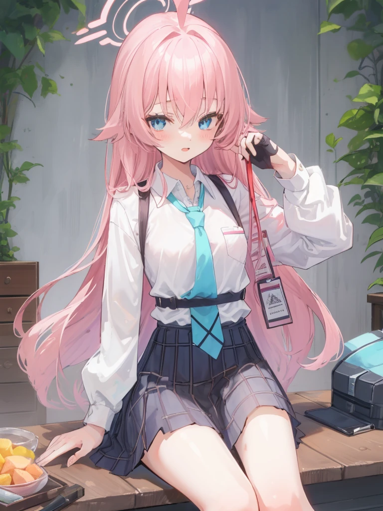 1girl, hoshino (blue archive), solo, heterochromia, pink hair, skirt, long hair, necktie, ahoge, shirt, halo, plaid skirt, blue eyes, plaid, looking at viewer, white shirt, sitting, orange eyes, chest harness, harness, long sleeves, id card, open mouth, very long hair, collared shirt, smile, blue necktie, bangs, feet out of frame, between legs, hand between legs, blush, hair between eyes, highres,masterpiece, best quality