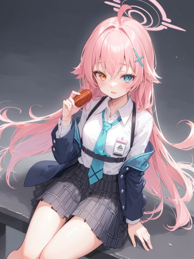 1girl, hoshino (blue archive), solo, heterochromia, pink hair, skirt, long hair, necktie, ahoge, shirt, halo, plaid skirt, blue eyes, plaid, looking at viewer, white shirt, sitting, orange eyes, chest harness, harness, long sleeves, id card, open mouth, very long hair, collared shirt, smile, blue necktie, bangs, feet out of frame, between legs, hand between legs, blush, hair between eyes, highres,masterpiece, best quality