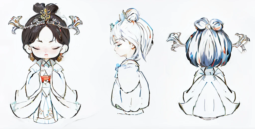 The painting shows three girls wearing princess dresses.、girl wearing a tie, Loche and Clamp, Stylized lines, braid, Fashion Design, Ponytail, Strong line art, Loose lines, Dark line, 风格化的role conception, Clean line drawing, hair in braid, Puff sleeves, role conception, Chibi style, 详细的role conception, 简单的线条图 Red skirt , Red skirt, China,Chinese,Chinese ,Coloring,Black hair,Hanfu,Chinese头饰,一位身穿Chinese连衣裙、Drawing of a woman suffering from tia, palace , 穿Hanfu的女孩, China公主, China皇后, ancient China公主, Asian Dynasty Princess, Beautiful fantasy queen, Inspired by Tawaraya Sotatsu, Inspired by trees, Inspired by Lan Ying, Inspired by Qiu Ying, 灵感来自吕冀 Coloring Coloring 立体 Coloring IP