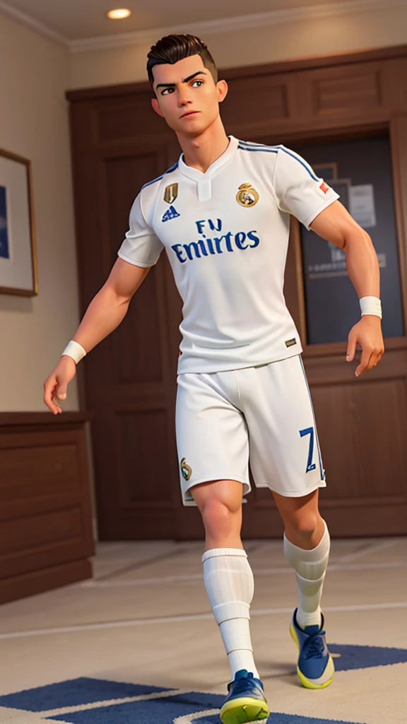 create for me an image identical to the football player cristiano ronaldo, he is alone in the image and looking forward with the real madrid shirt in 8k, well framed in the image and with a very straight body in hd and very close to the image, from the chest to top with the number 7