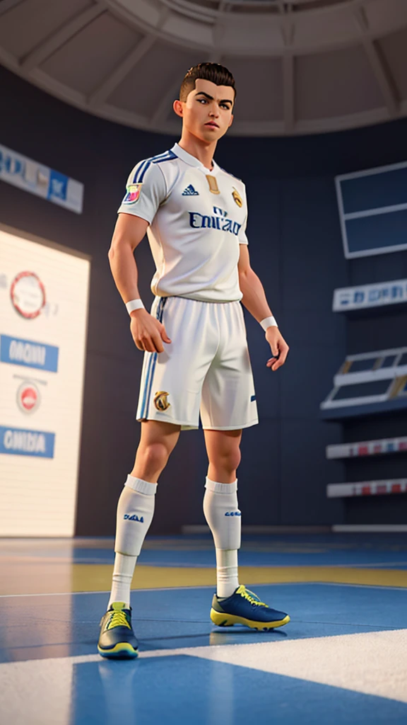 create for me an image identical to the football player cristiano ronaldo, he is alone in the image and looking forward with the real madrid shirt in 8k, well framed in the image and with a very straight body in hd and very close to the image, from the chest to top with the number 7