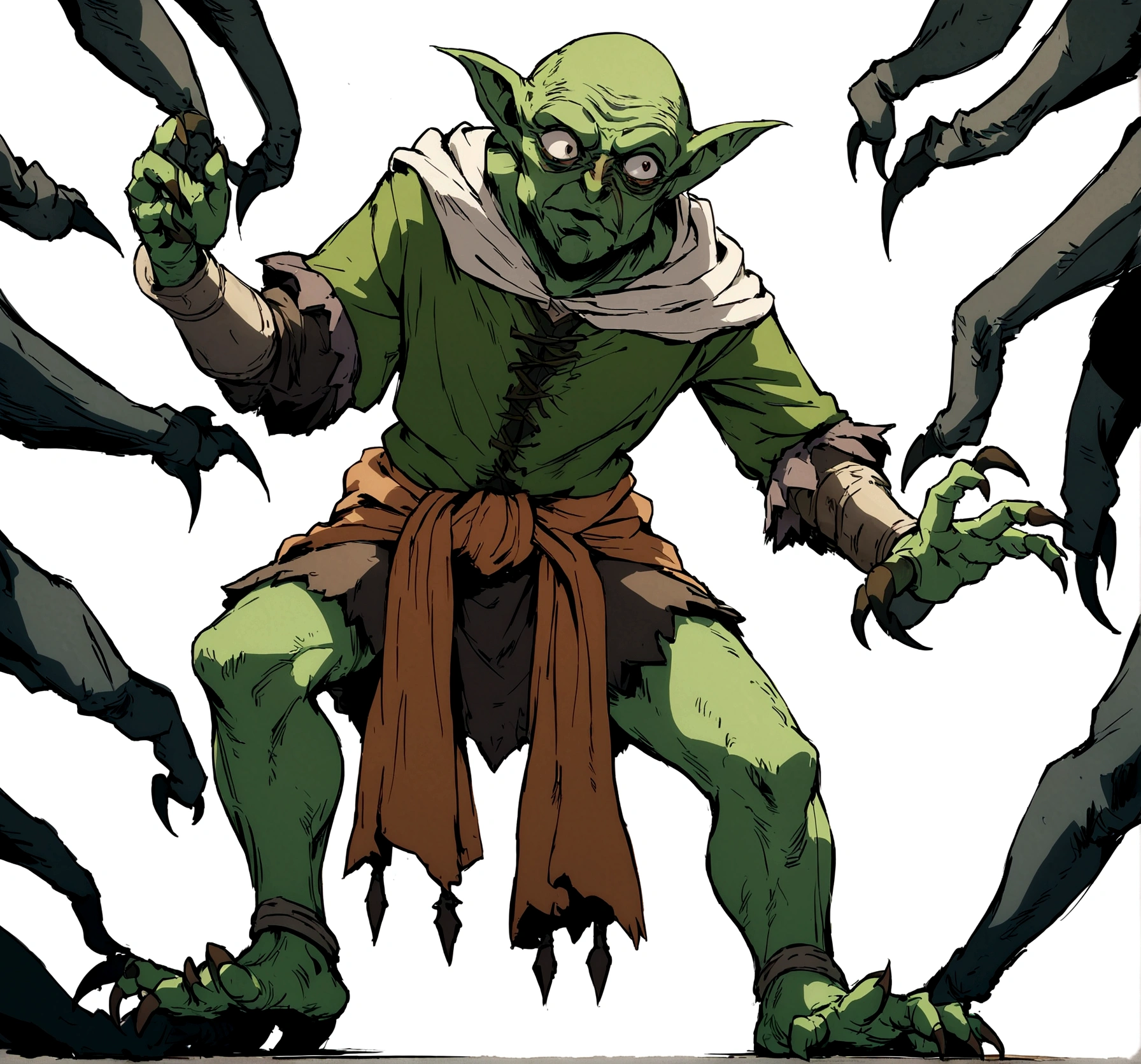white background one tiny ugly goblins green skinny scary full body wearing cloth around his waist scary high details no background anime style fantasy medieval