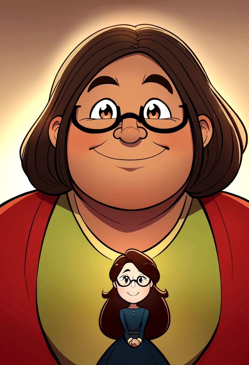 An illustration of an adorable couple, Highlight for a chubby mulatto man with glasses smiling and a brunette woman with beautiful expressive eyes - the man's skin is mulatto and the man's hair haswhile the woman's skin is black and the woman's hair is straight and brown. They are a bright room, cada um com um sorriso no rosto, e compartilhar um momento especial caracterizado pelo amor, Insights. Illustrate this scene from a perspective where they are facing the camera, Smiling and Showing Your Connection. Desenvolva esta arte em Full HD, Focus on your cinematic touch, Estilo Disney Pixar Animations