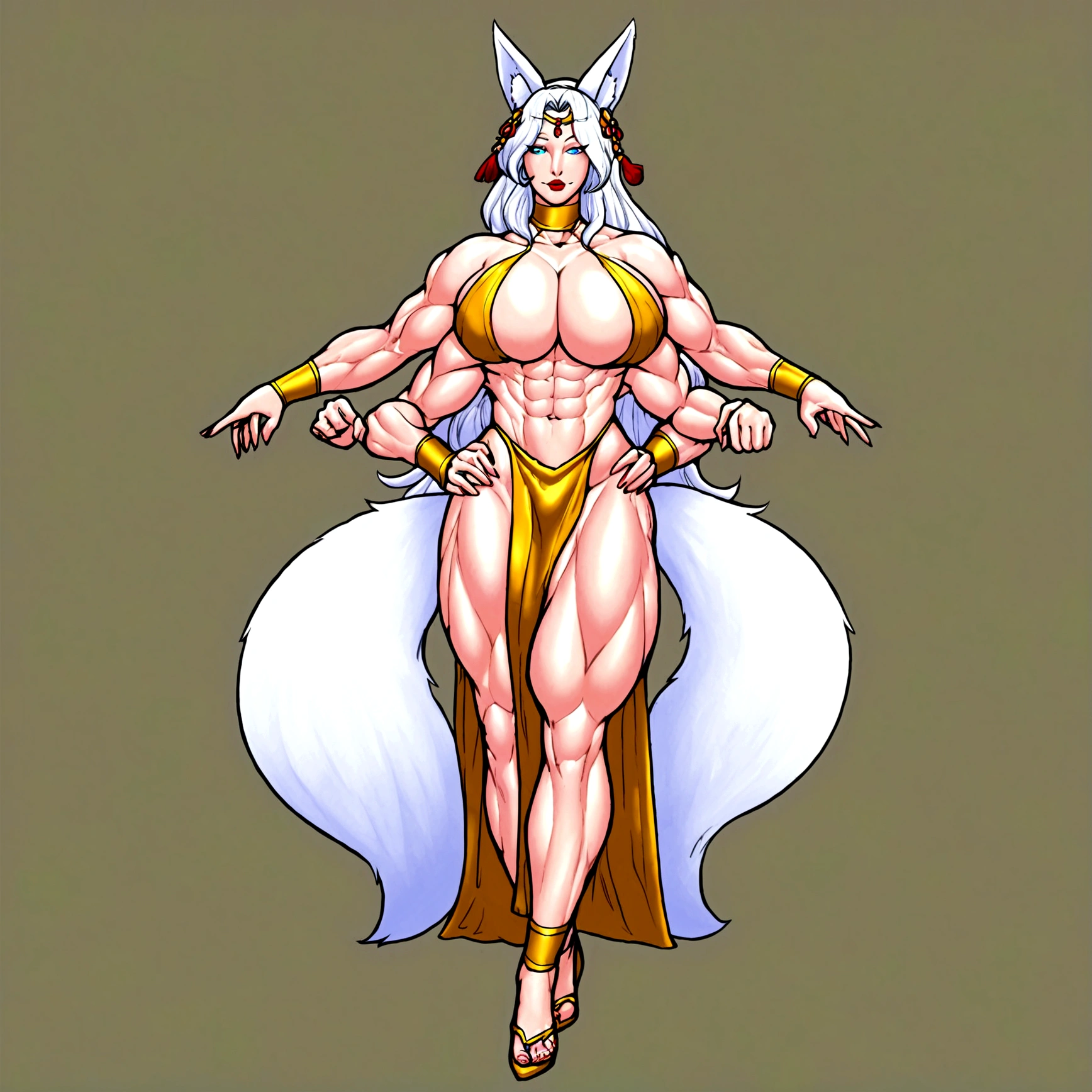 Femboy, long white hair, muscular body, huge breasts, geisha outfit, fox ears, 9 fox tails, 4 arms, full body.