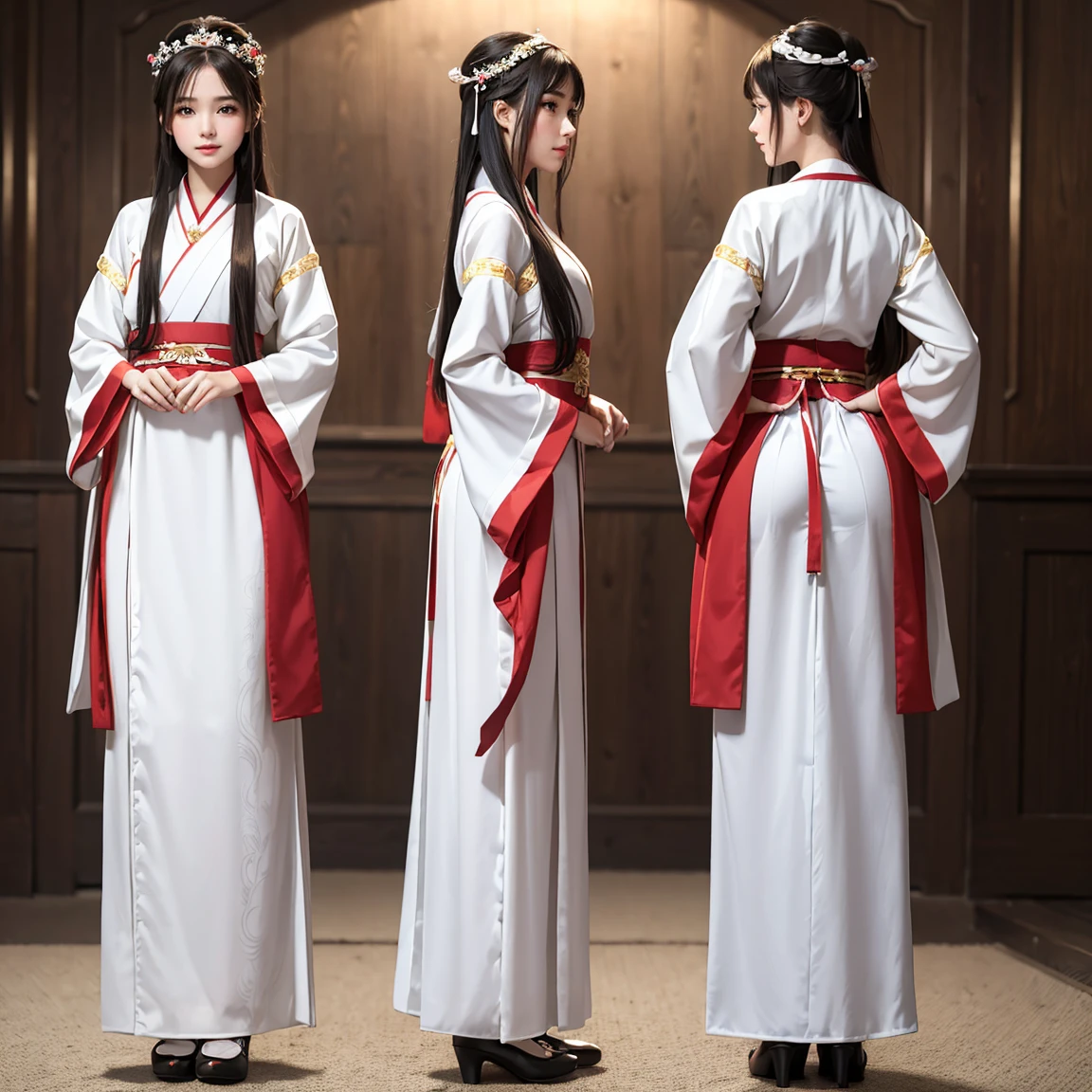 (masterpiece, best quality), ultra detailed, high resolution, 16k, the most beautiful face in the world, perfect face, delicate facial features, highly detailed beautiful face and eyes, shiny skin, highly detailed background, elaborately designed, fine cloth texture, BREAK, (gorgeous and stunning teenage girl in hanfu:1.3), perfect make-up, deeply in love, full of elegance, (full body:1.5), (three view drawing, front and back and side, character sheet:1.3)