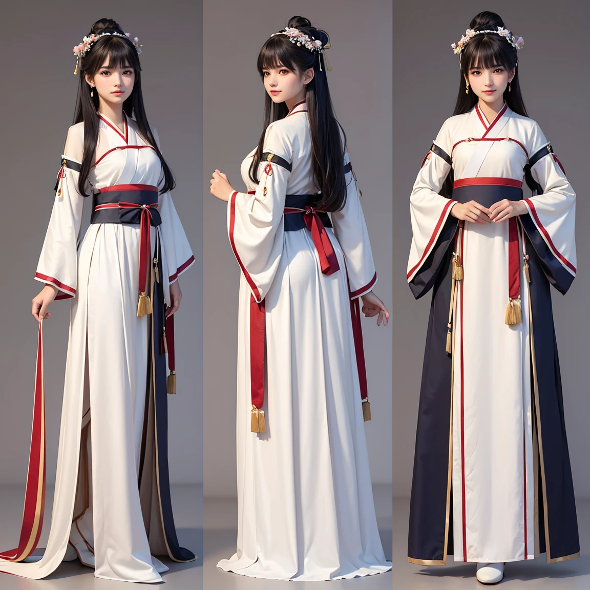(masterpiece, best quality), ultra detailed, high resolution, 16k, the most beautiful face in the world, perfect face, delicate facial features, highly detailed beautiful face and eyes, shiny skin, highly detailed background, elaborately designed, fine cloth texture, BREAK, (gorgeous and stunning teenage girl in hanfu:1.3), perfect make-up, deeply in love, full of elegance, (full body:1.5), (three view drawing, front and back and side, character sheet:1.3)