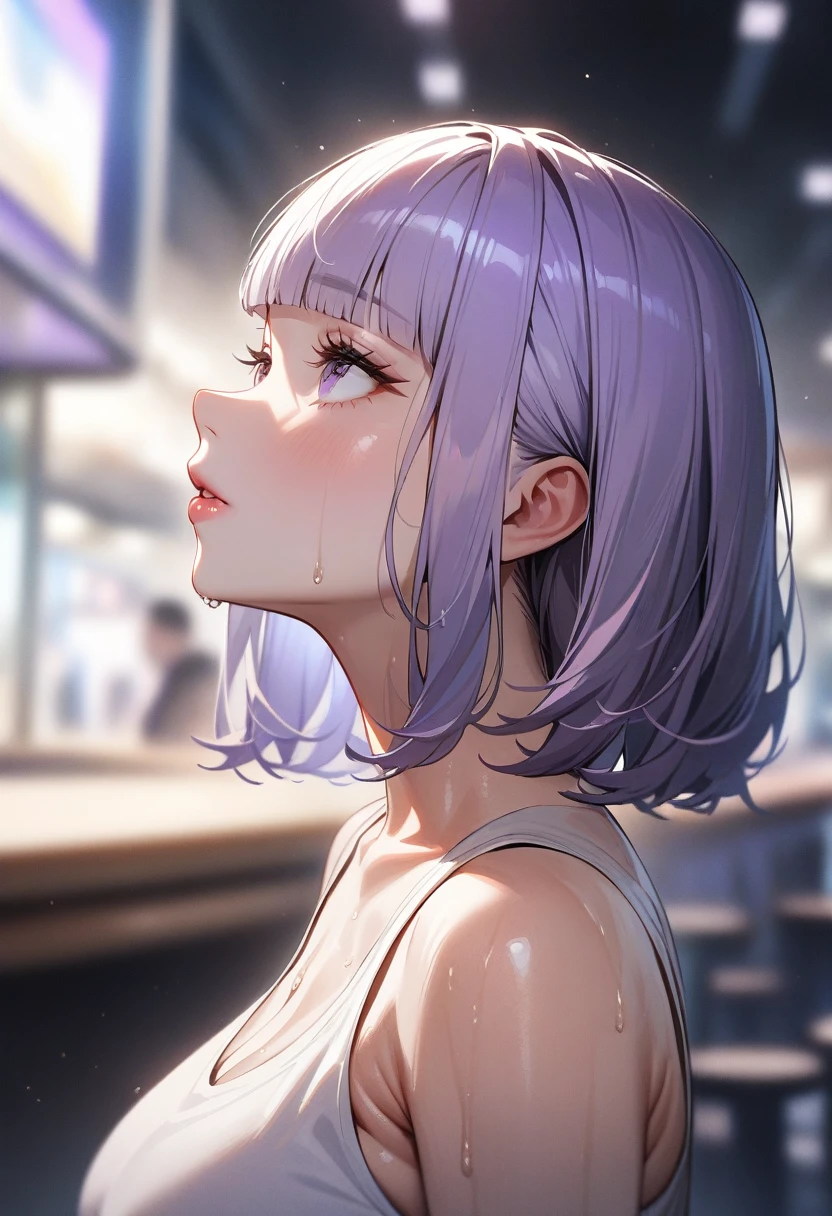 1girl,solo,super detailed skin,shiny skin,wet oily skin,natural face ,eyelashes,lips gloss,pale purple hair,blunt bangs,short straight hair,large breasts,short kimono,looking afar,masterpiece,best quality,ultra detailed,high resolution,sharp focus,depth of field