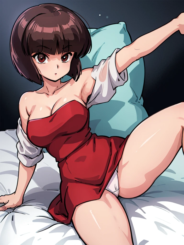 ((masterpiece)), best quality, ultra detailed, looking at viewer, intricate details, rich colors, sharp focus, volumetric lighting, dramatic atmosphere, nabiki tendo, brown eyes, nabiki, looking at viewer, 8k, 4k,light particles, highly detailed, detailed eyes, bedroom background, solo, bob cut, red dress, pelvic curtain dress, heels, TendouNabiki, red heels, cleavage, seductive pose, white panties, night time, solo,
