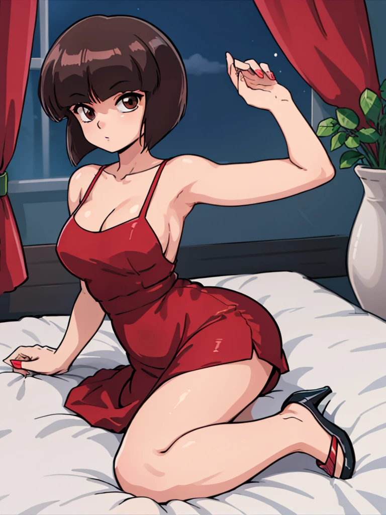 ((masterpiece)), best quality, ultra detailed, looking at viewer, intricate details, rich colors, sharp focus, volumetric lighting, dramatic atmosphere, nabiki tendo, brown eyes, nabiki, looking at viewer, 8k, 4k,light particles, highly detailed, detailed eyes, bedroom background, solo, bob cut, red dress, pelvic curtain dress, heels, TendouNabiki, red heels, cleavage, seductive pose, white panties, night time, solo,