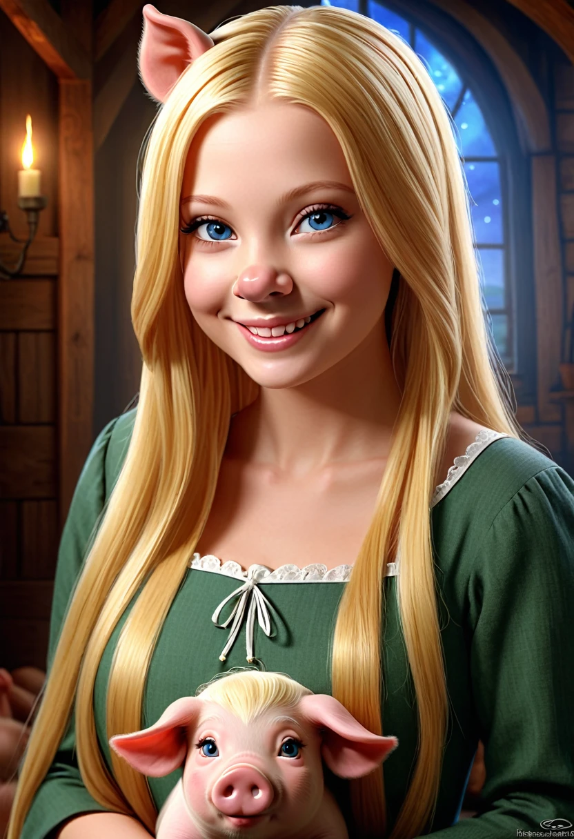 Create an realistic CGI photo of a anthropomorphic pig women. Long blond hair. The photo should be of the highest quality, a masterpiece with intricate details. The pig women should have a female, humanoid, appearance, with a vaugly human face. She should have luscious lips, a wide smile, and bright, expressive eyes, exuding beauty, cuteness, and adorableness. Ensure the image is high resolution and sharply detailed, with a detailed and vibrant background. Incorporate mystical lighting in the background, creating a romantic and enchanting atmosphere. regal. noble. Farm girl.