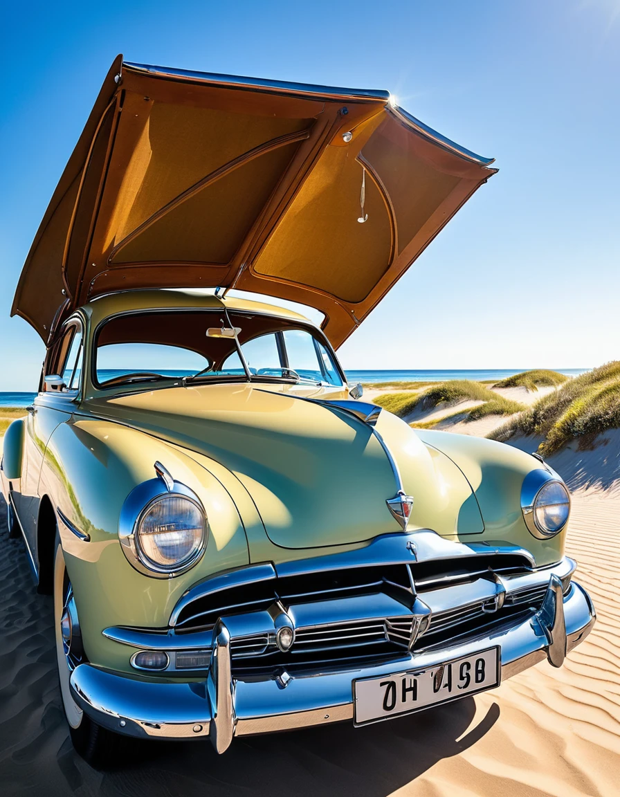 A vintage car with its doors open, parked on a sunny beach with sandy dunes and a clear sky in the background. The sunlight reflects off the windshield, capturing a moment of stillness.