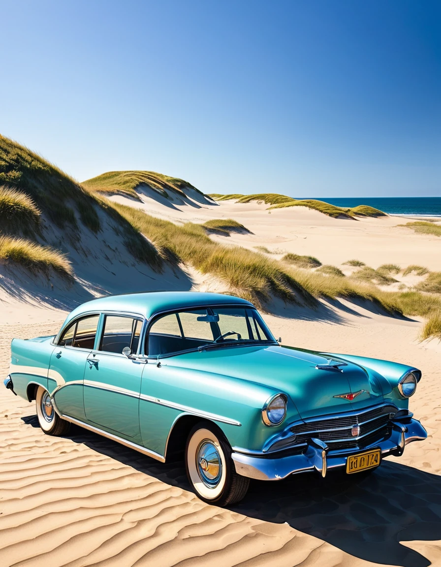 A vintage car with its doors open, parked on a sunny beach with sandy dunes and a clear sky in the background. The sunlight reflects off the windshield, capturing a moment of stillness.