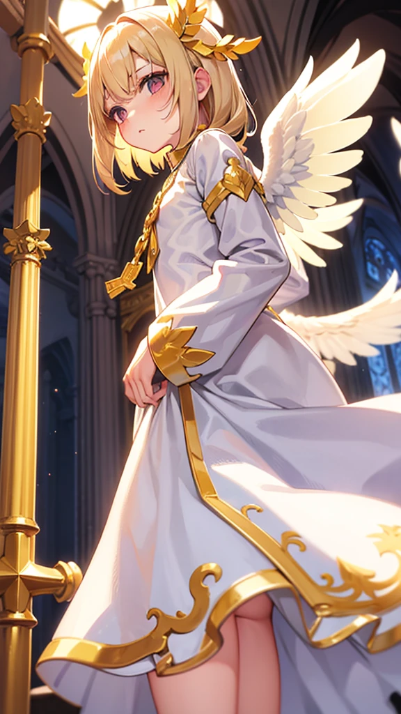 Priest loli, gold hair, white cute clothes, two white wings, stands in cathedral