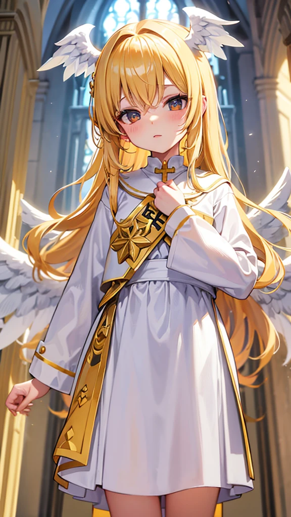 Priest loli, gold hair, white cute clothes, two white wings, stands in cathedral