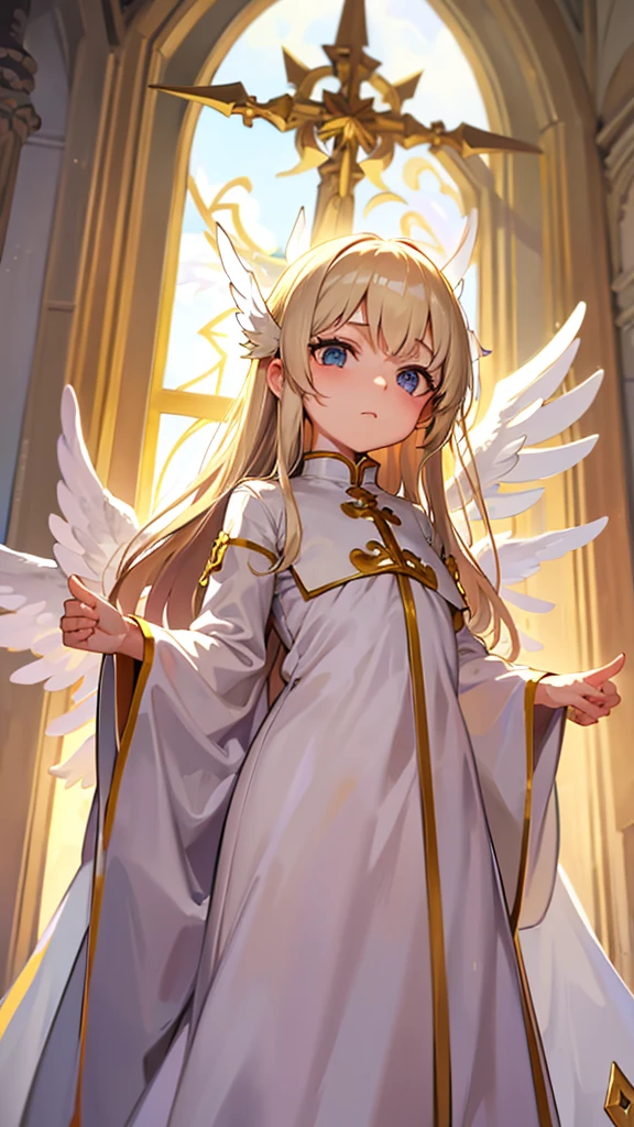 Priest loli, gold hair, white cute clothes, two white wings, stands in cathedral