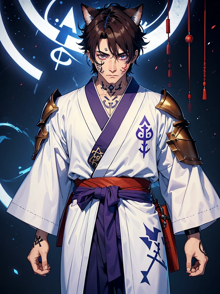 (disorganized, High resolution, Excessive digitization), 1 male, aldult, the cutest, tall and muscular man, 手にはtarotカード,broad shoulders, small eyes and small face, long brown disheveled hair, kind face,Monk costume, light blue background idiot \tarot\, bard, clown, symbolism, visual art, occultism, IWC, vision casting, philosophical, iconography, number arcane, popularity, Artistic, By Alphonse Mucha