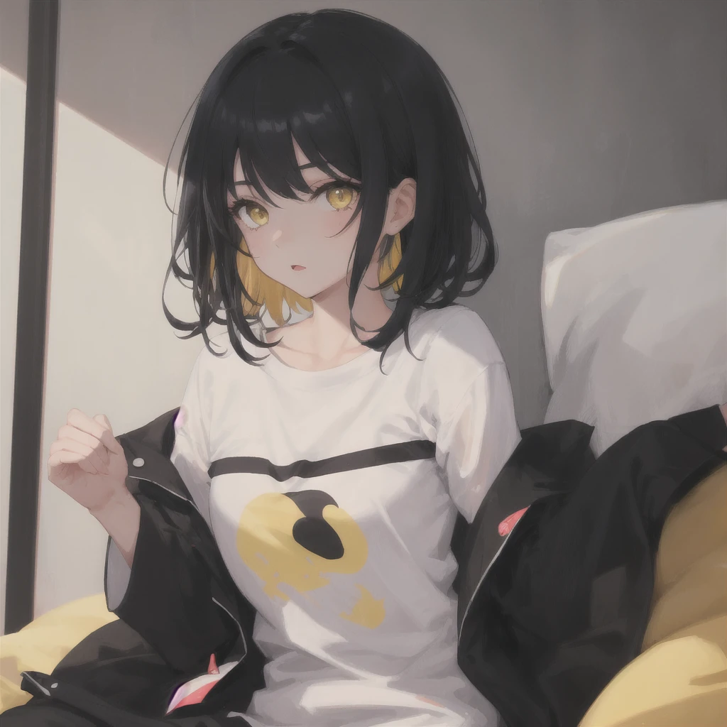 Amazing portrait of a sexy and cute girl with a short bob hairstyle and a seductive gaze who is blushing intensely with parted lips and is desperate and flustered and lustful wearing an off shoulder orange t shirt showcasing her bare shoulder while lying on bed