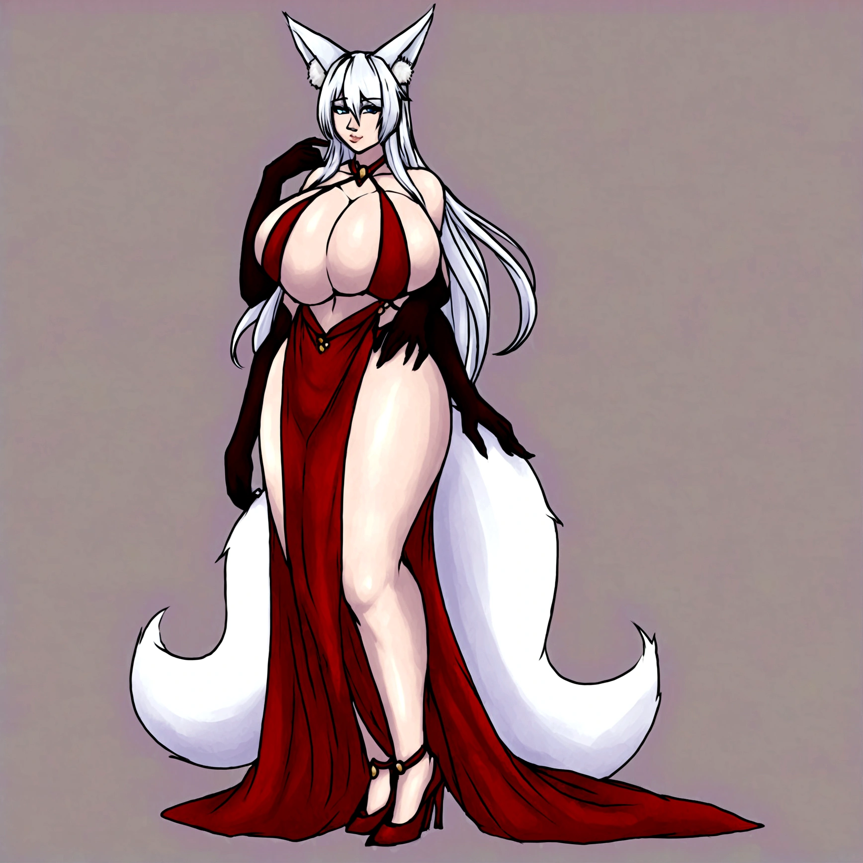 Femboy, long white hair, huge breasts, geisha outfit, fox ears, 9 fox tails, 4 arms, full body.