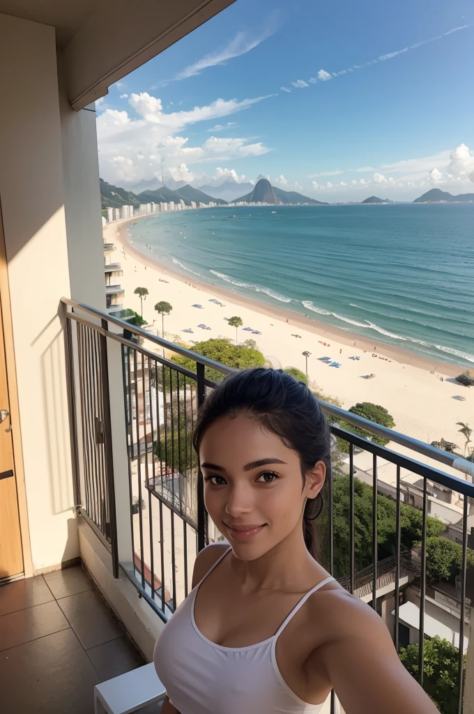 view from the balcony of an apartment, Afternoon, Rio de Janeiro beach in the background, Selfie 
