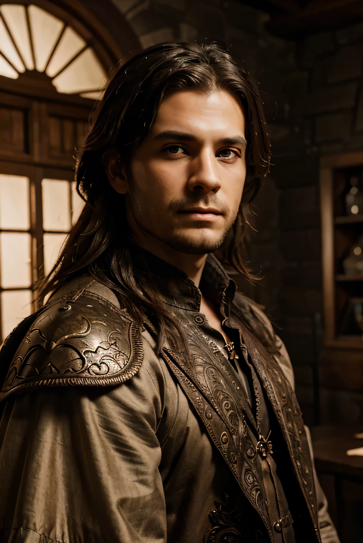 make me a detailed real HD photo of a man in fantasy clothing facing the camera