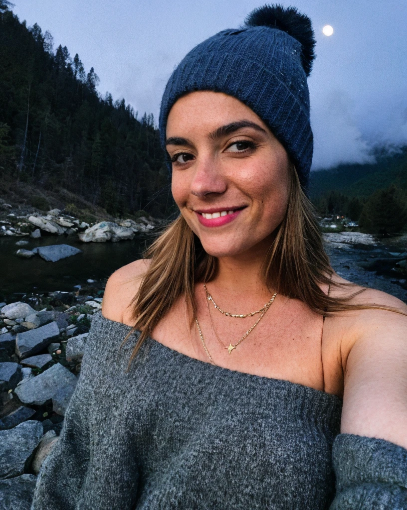 photograph, photo of beautiful woman, selfie, upper body, solo, (nipslip,exposed breasts, perfect huge erect nipples,visible nipples,exposed pussy,visible pussy:1,5), wearing pullover, outdoors, (night), mountains, real life nature, stars, moon, cheerful, happy, naughty smile, gloves, sweater, beanie, forest, rocks, river, wood, smoke, fog, looking at viewer, skin texture, photo grain, close up, RAW photo