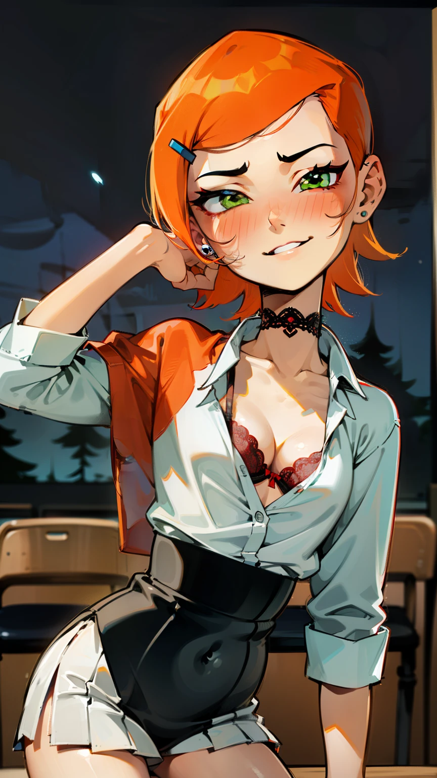 (Masterpiece), Best Quality, ultra-detailed, 1girl (Gwendolyn_Tennyson, lovely small breasts,  neck choker, orange hair, short hair, green eyes, half-closed eyes),evil face, mascara, full makeup, dark eyeshadow, red lipstick, smirk , parted lips, nose blush, blush, facing viewer, looking at viewer, solo, white shirts, cleavage, red lace bra , pleats skirt( pattern black),pink skirt, ultra mini skirt, red lace panties,loose socks, in the classroom, night time, , standing, come-on, lure,a provocative pose, Sexy waist teasing, from_below 