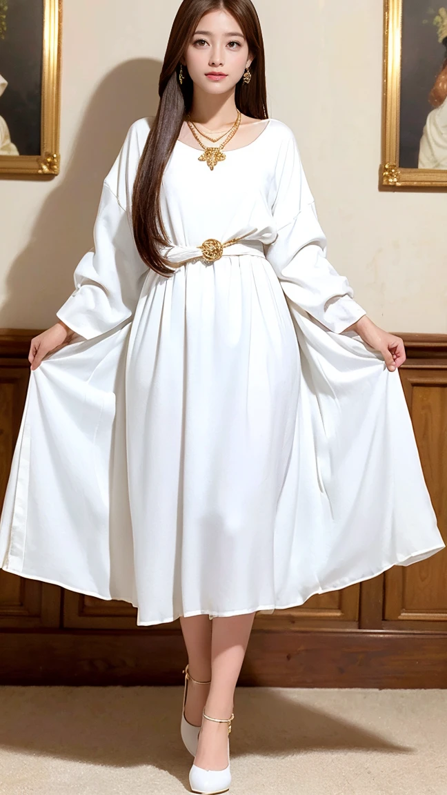 highest quality,masterpiece,Ultra-high resolution,(Actual:1.4),Original photo,Ultra-high resolution，8k，There are also women，Fair skin，Exquisite makeup，White high heels，Long legs，Bright and beautiful、ゆLong straight hair_Hair reaching down to the waist、Extra Long Brown Hair_Hair reaching down to the waist,A shy smile、Gold Luxury Necklace＿Big earrings,Walking along the sea at sunrise、((Wear white gauze clothes:1.3)),
