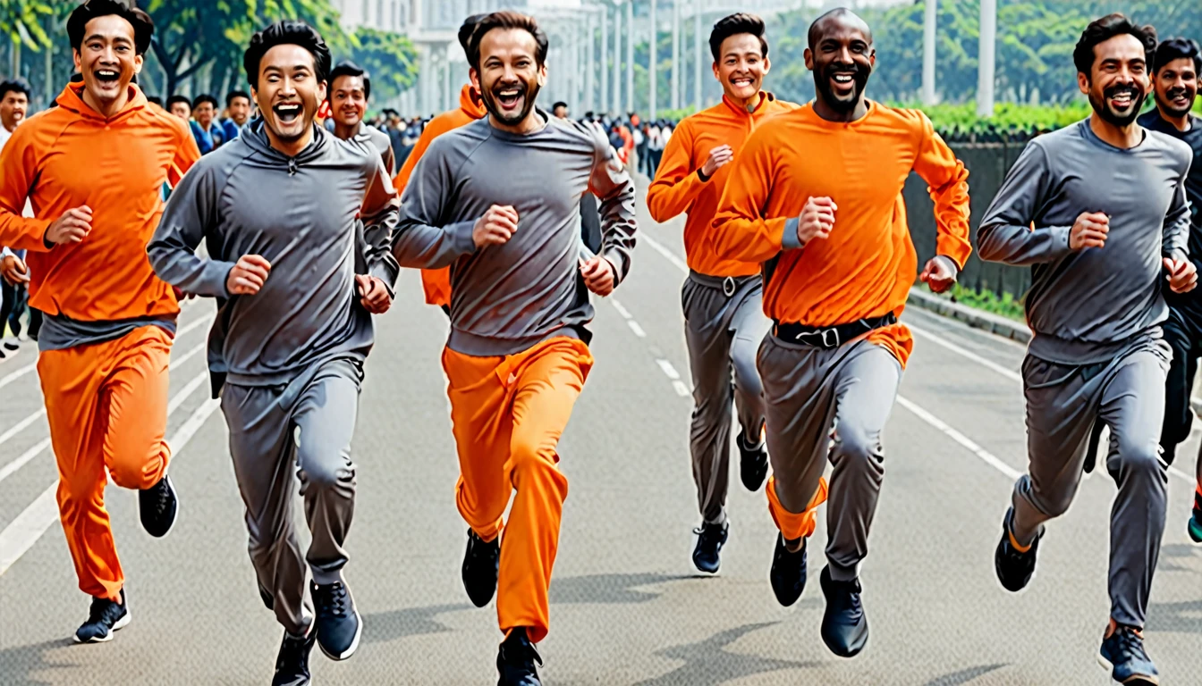 4 men chained together at the waist running, 3 men behind in gray clothes, 1 man in front, well highlighted in opaque orange clothing, detailded, in front of everyone, men smiling